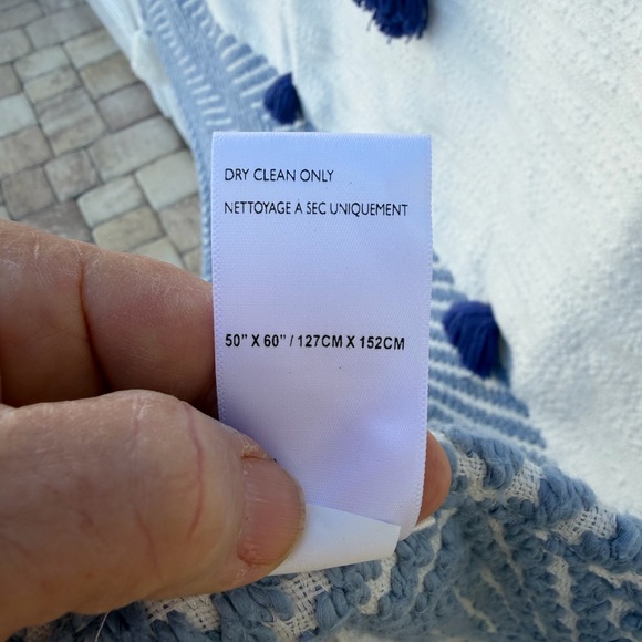 Anthropologie Blue & White Pom Pom Throw Blanket 50x60 Boho Coastal - Picture 3 of 7